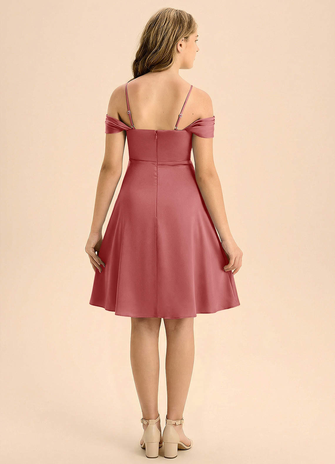 Azazie Anselie Junior A-Linie Plissee Stretch-Satin Kleid Antike Rose image1