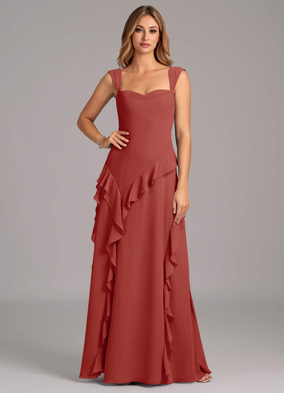 Azazie Sloane At-home Try On Dresses Terracotta A-Line Sweetheart Neckline Chiffon Dress image4