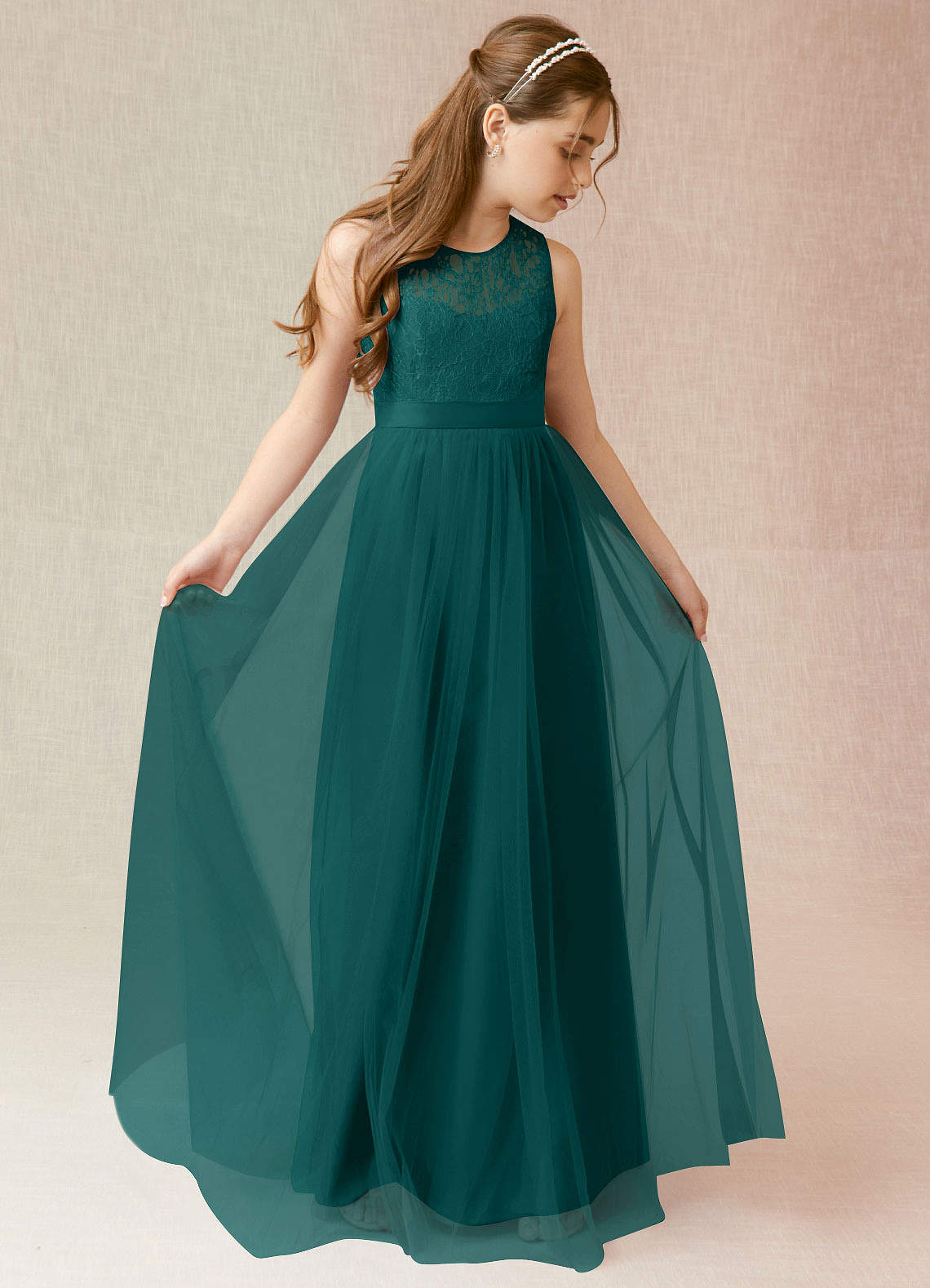 Azazie Georgette Junior Peacock A-Line Lace Tulle Dress image1