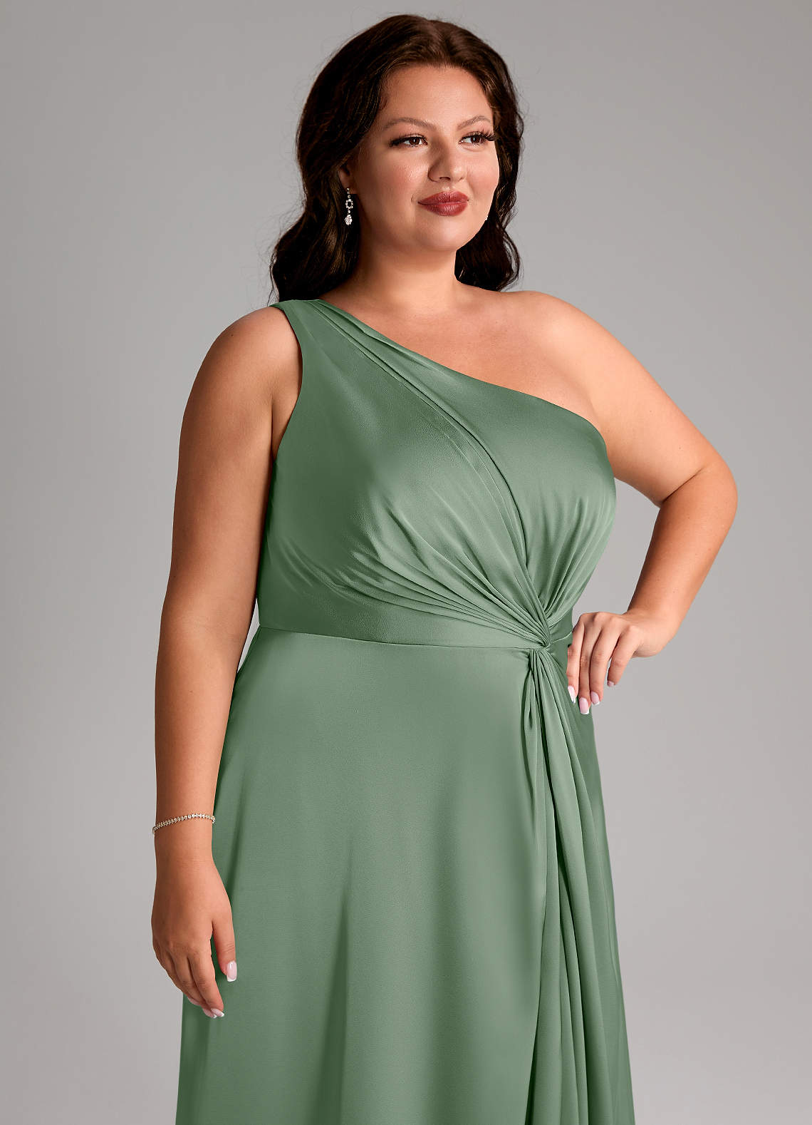 Azazie Brooke Jurken voor bruidsmeisjes Jurk van Stretch Satijn met A-Lijn One-Shoulder Matcha image12