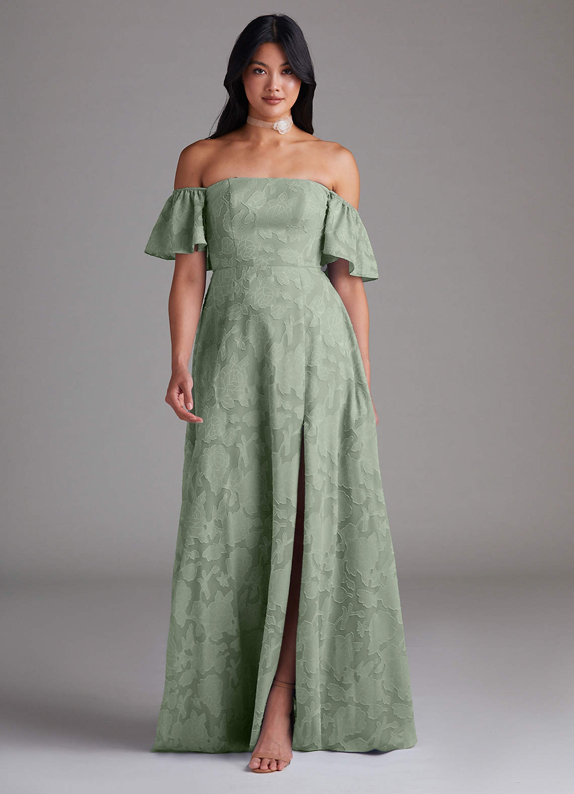 Azazie Sue Vestidos de damas de honor Vestido de Agave de Devorado Floral de Corte en A Convertible con Vestidos sin tirantes image1