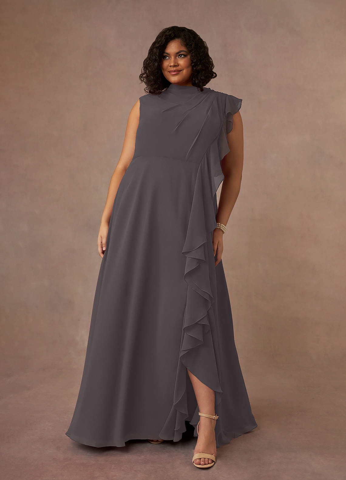 Azazie Narine Steel Grey A-Line High Neckline Pleated Chiffon