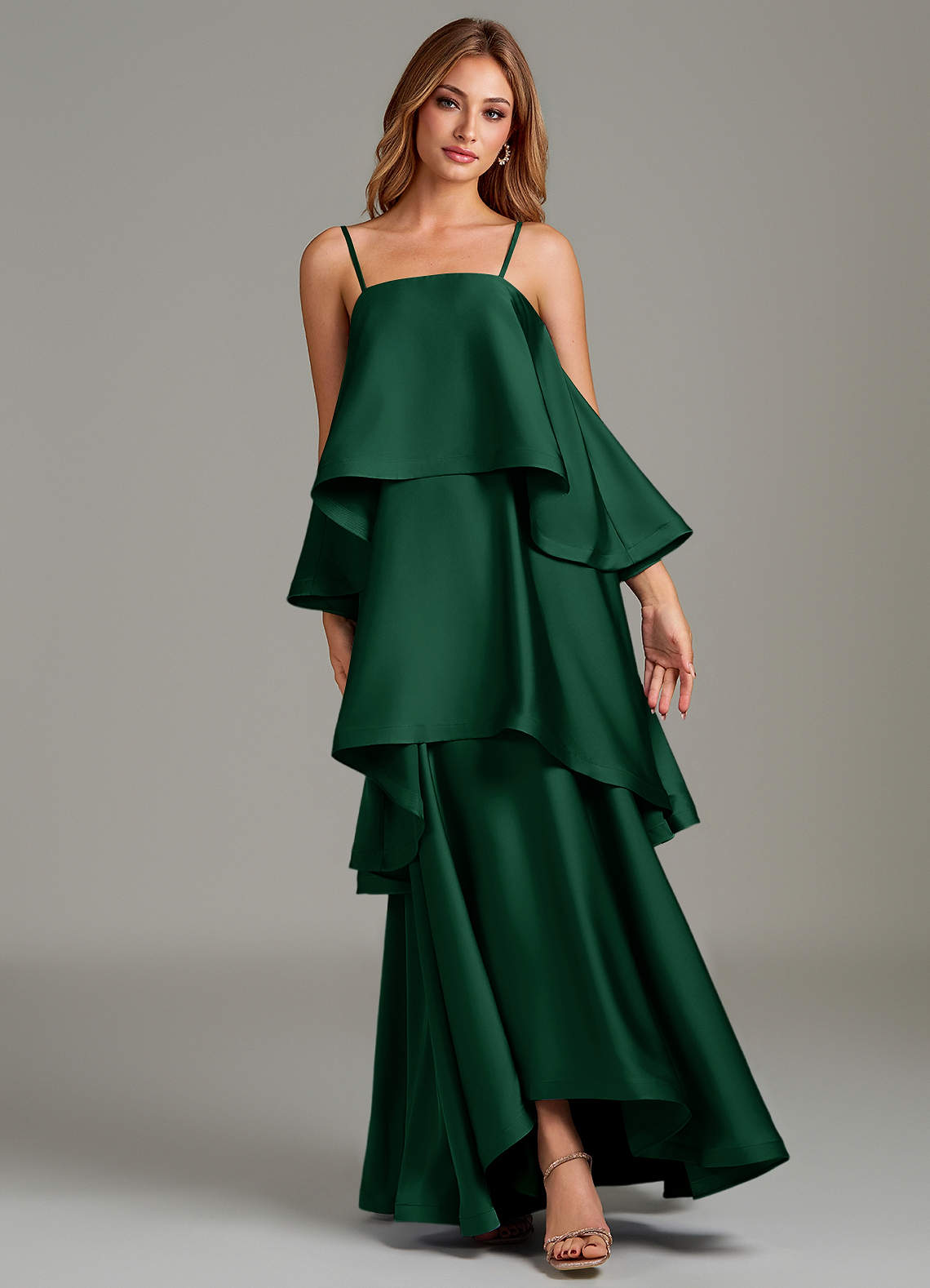 green satin ruffle dress Emerald Green satin Maxi Dress with side slit and bishop sleeves