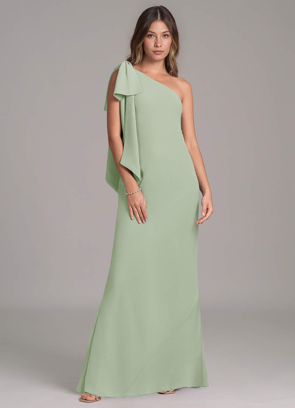 Azazie Capri Jurken voor bruidsmeisjes Jurk van Chiffon met A-Lijn One-Shoulder Stoffige Salie image1