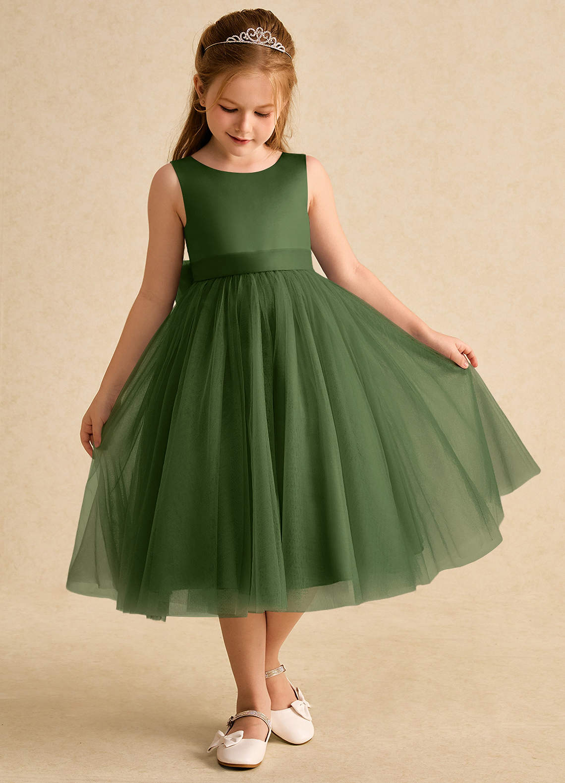 Azazie Winnie Robe Demoiselle D'honneur Fillette Robe Princesse en Tulle Arc Olive image1