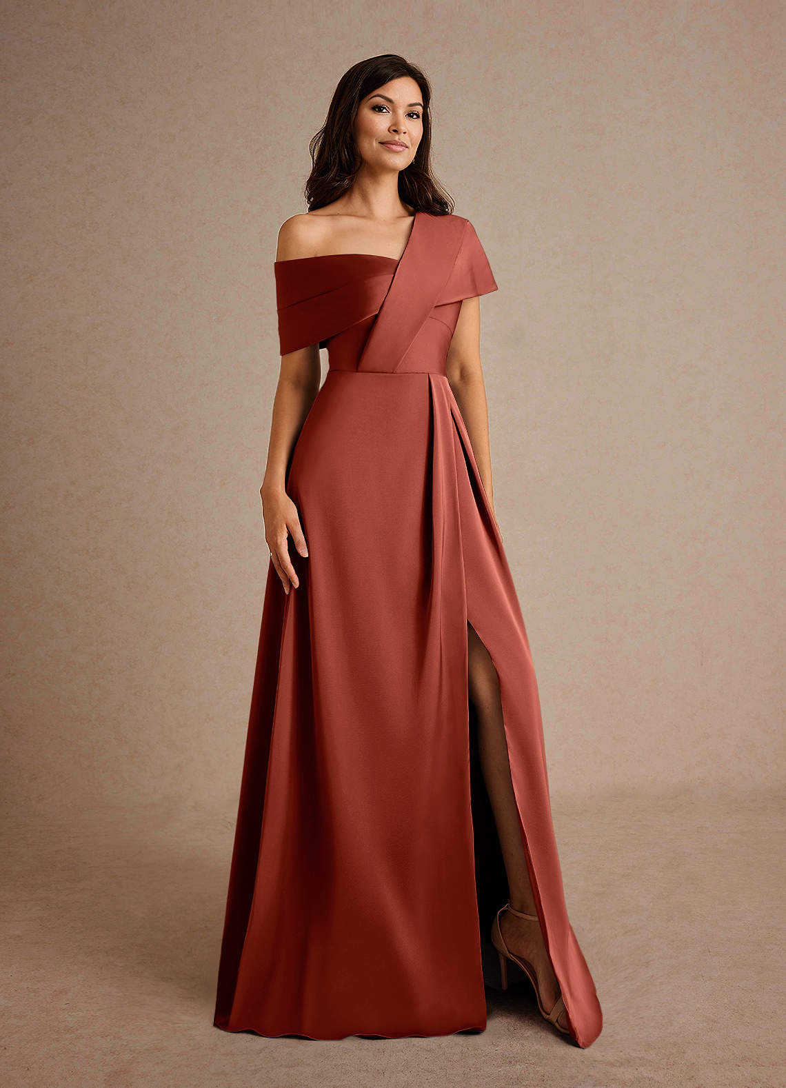 Azazie Milton Mother of the Bride Dresses Terracotta A-Line Pleated Stretch Satin Dress image7