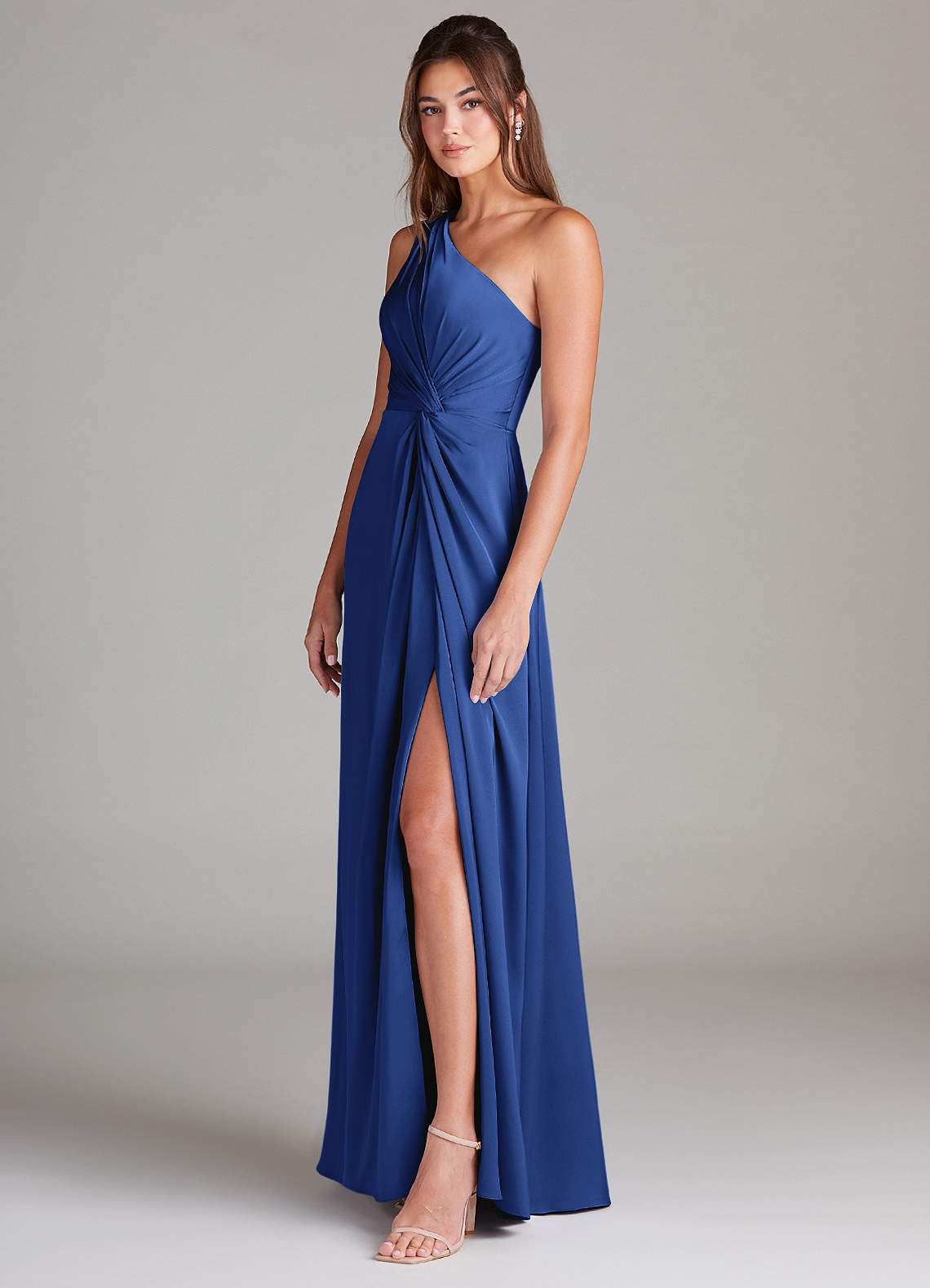 Azazie Brooke Vestidos de damas de honor Vestido de Azul Real de Satén Elástico de Corte en A con Hombro unilateral image4