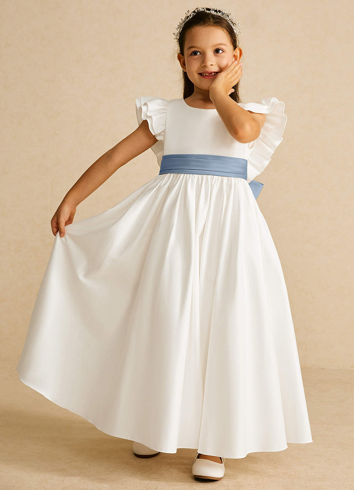Azazie Aero Flower Girl Dresses Ivory Dusty Blue A-Line Pleated Cotton Dress image5