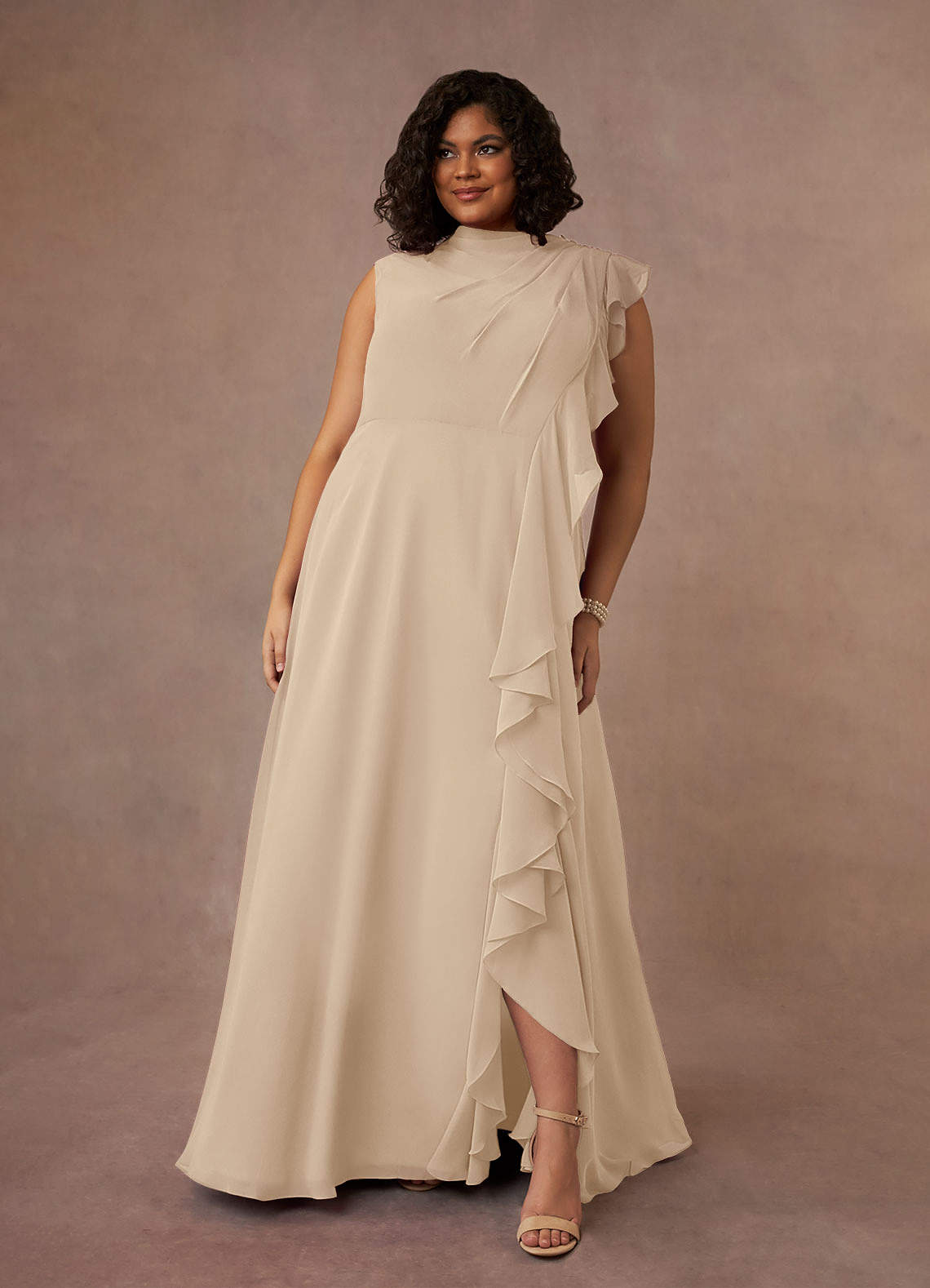 Azazie Narine Mother of the Bride Dresses Champagne A-Line High Neckline Pleated Chiffon Dress image9