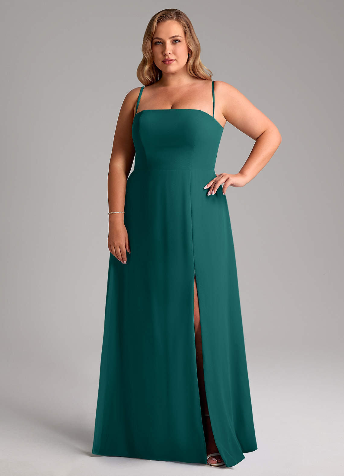 Azazie Wren Abiti da Damigella Abito Convertibile A-Line in Chiffon Spacco Laterale Verde Pavone image13
