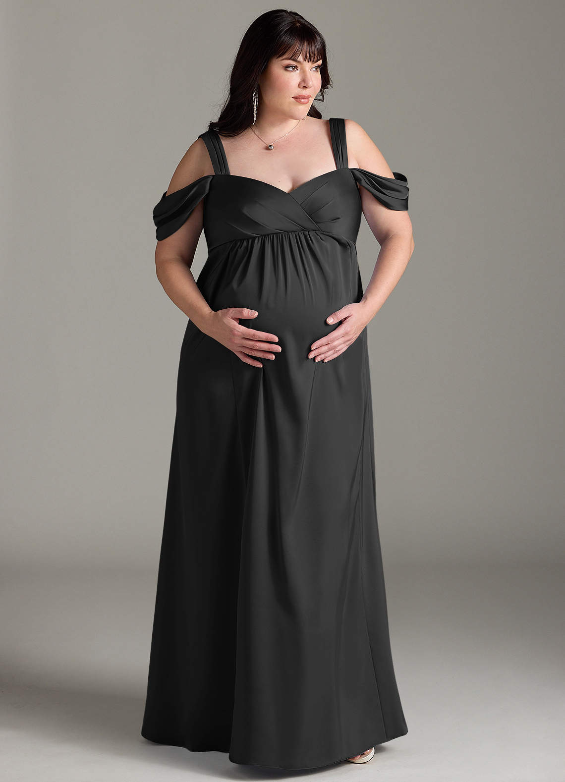 Azazie Rhea Maternity Bridesmaid Dresses A-Line Off-The-Shouler Pleated Stretch Satin Floor-Length Dress image7