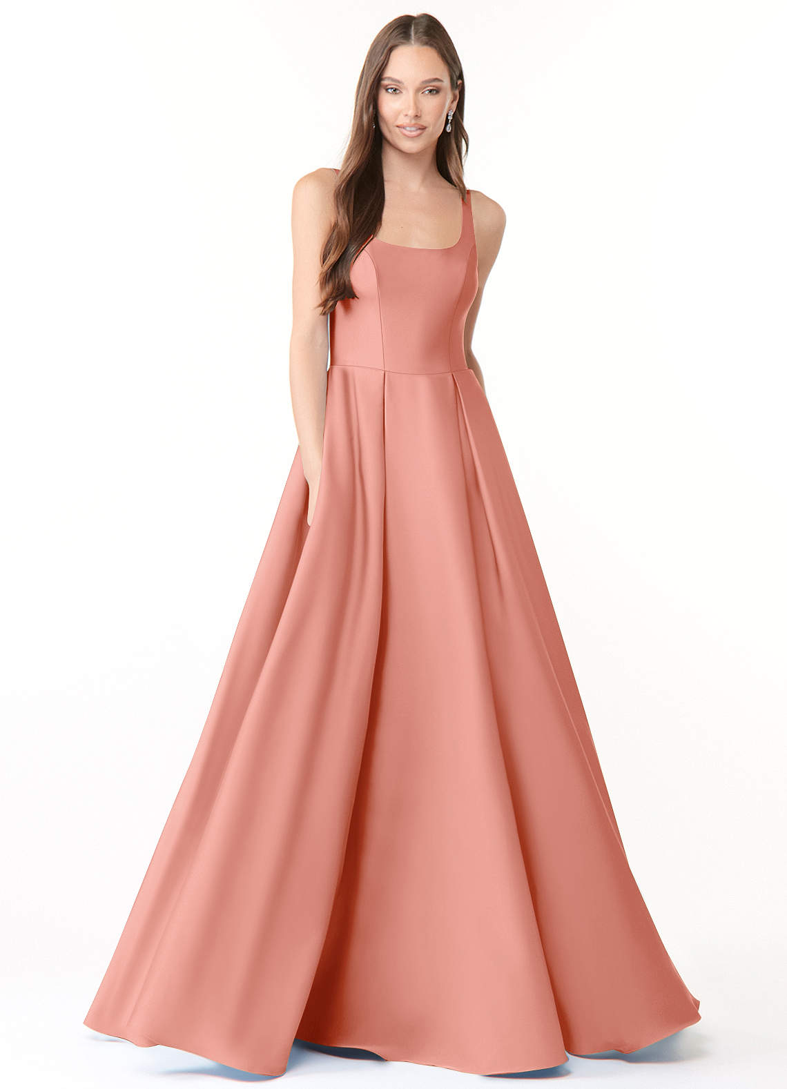 Azazie Neve Vestidos de damas de honor Vestido de Coral de Satén Elástico de Corte Princesa con Con bolsillos image1