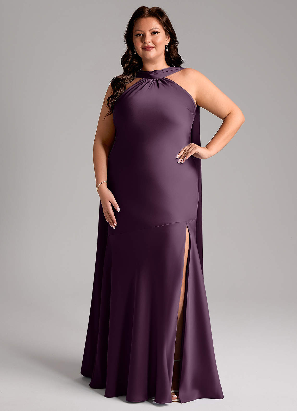 Azazie Kinsley Bridesmaid Dresses Plum Mermaid Side Slit Stretch Satin Dress image1