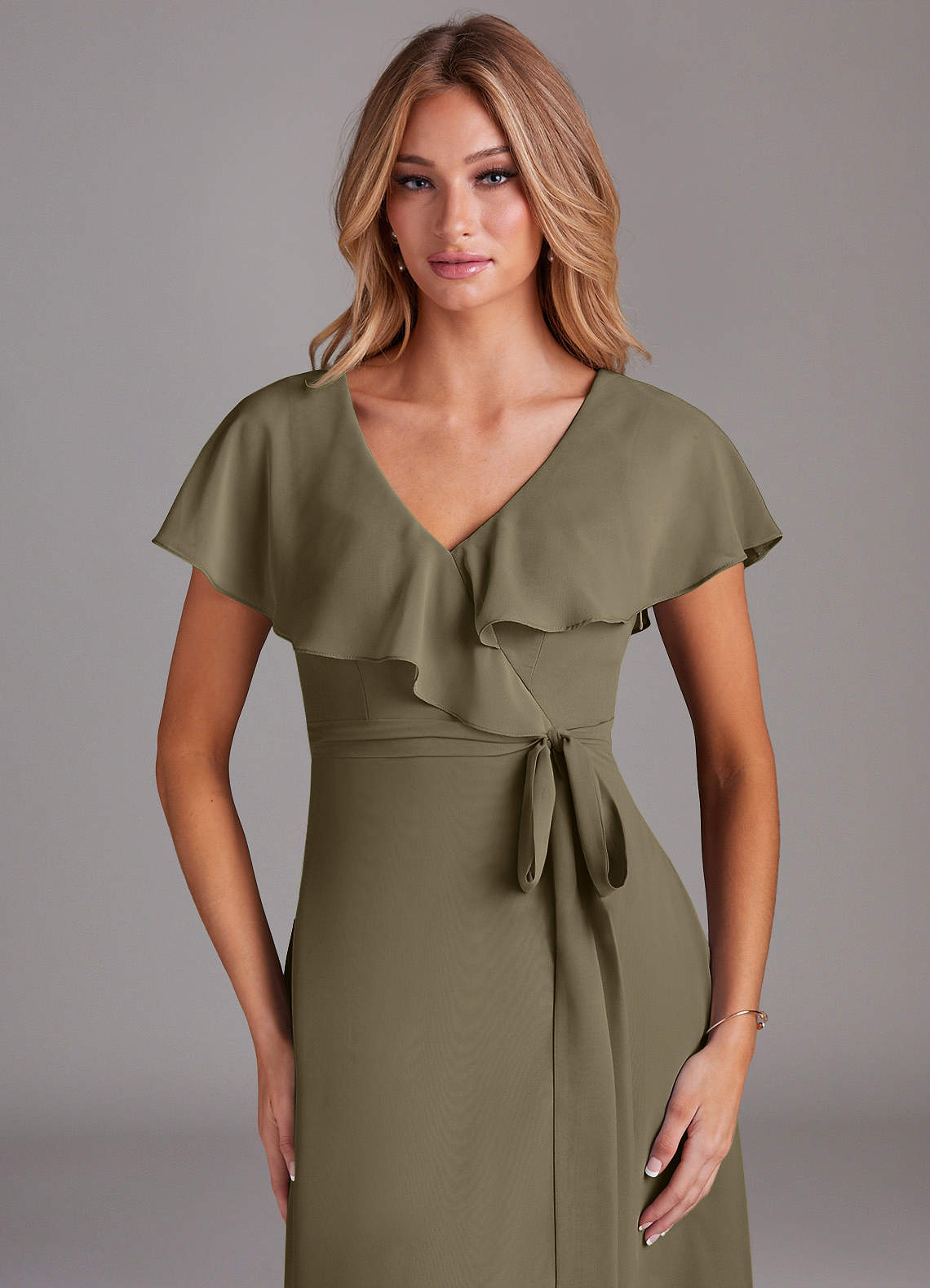 Azazie Lainey At-home Try On Dresses Dusty Sage A-Line with Pockets Chiffon Dress image5