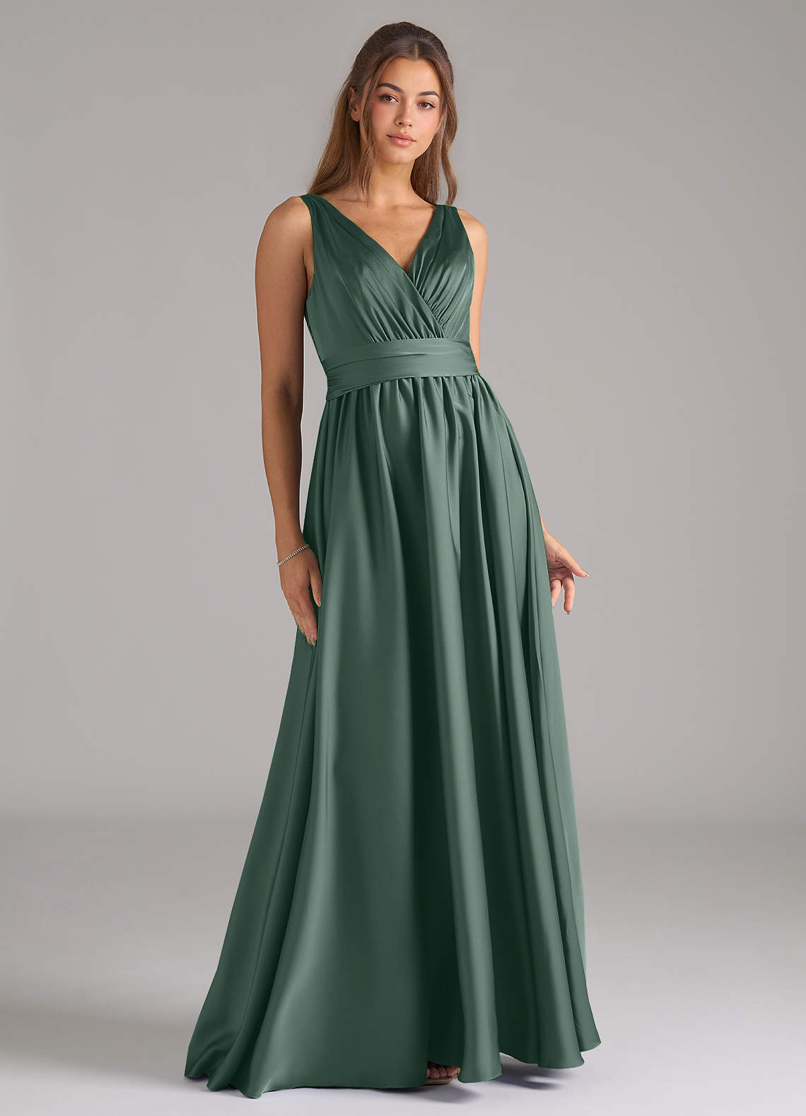 Azazie Kora At-home Try On Dresses Dusty Blue A-Line Pleated Stretch Satin Dress image1