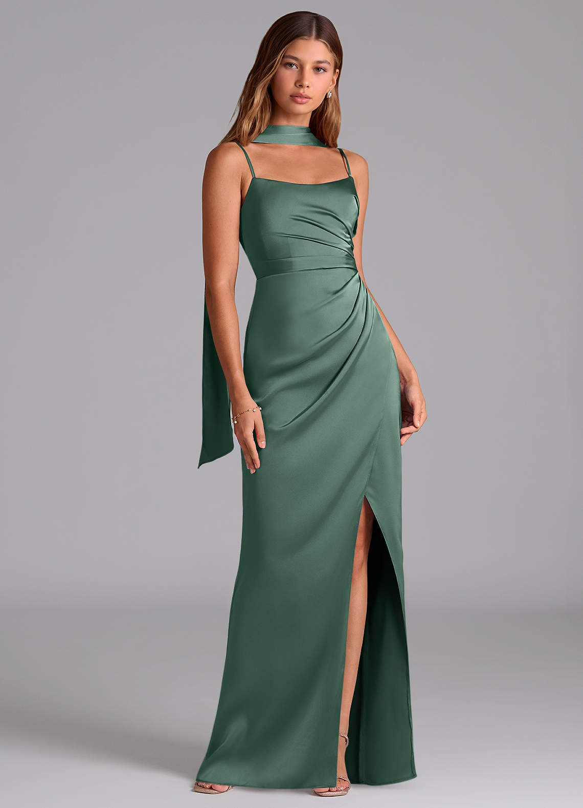 Azazie Calandra Brudepigekjoler En streg Plisseret Stræk satin Gulv-længde Kjole image1