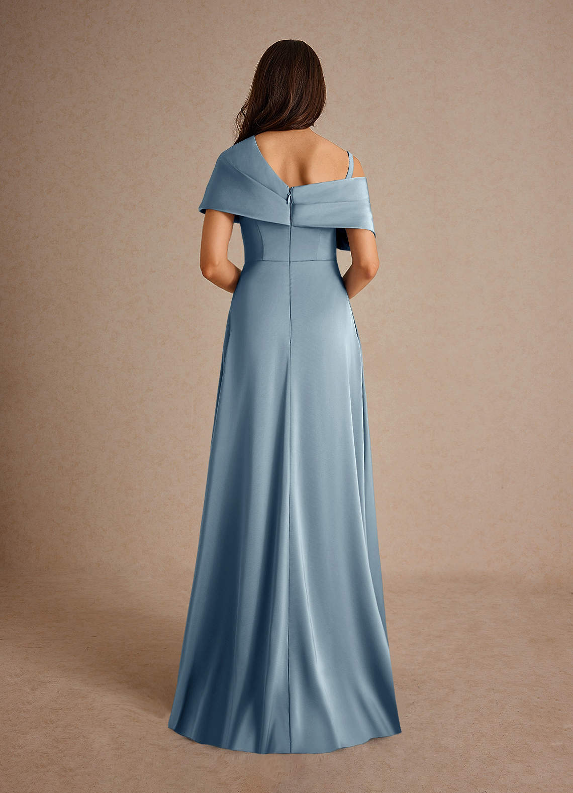 Azazie Milton Mother of the Bride Dresses Dusty Blue A-Line Pleated Stretch Satin Dress image3