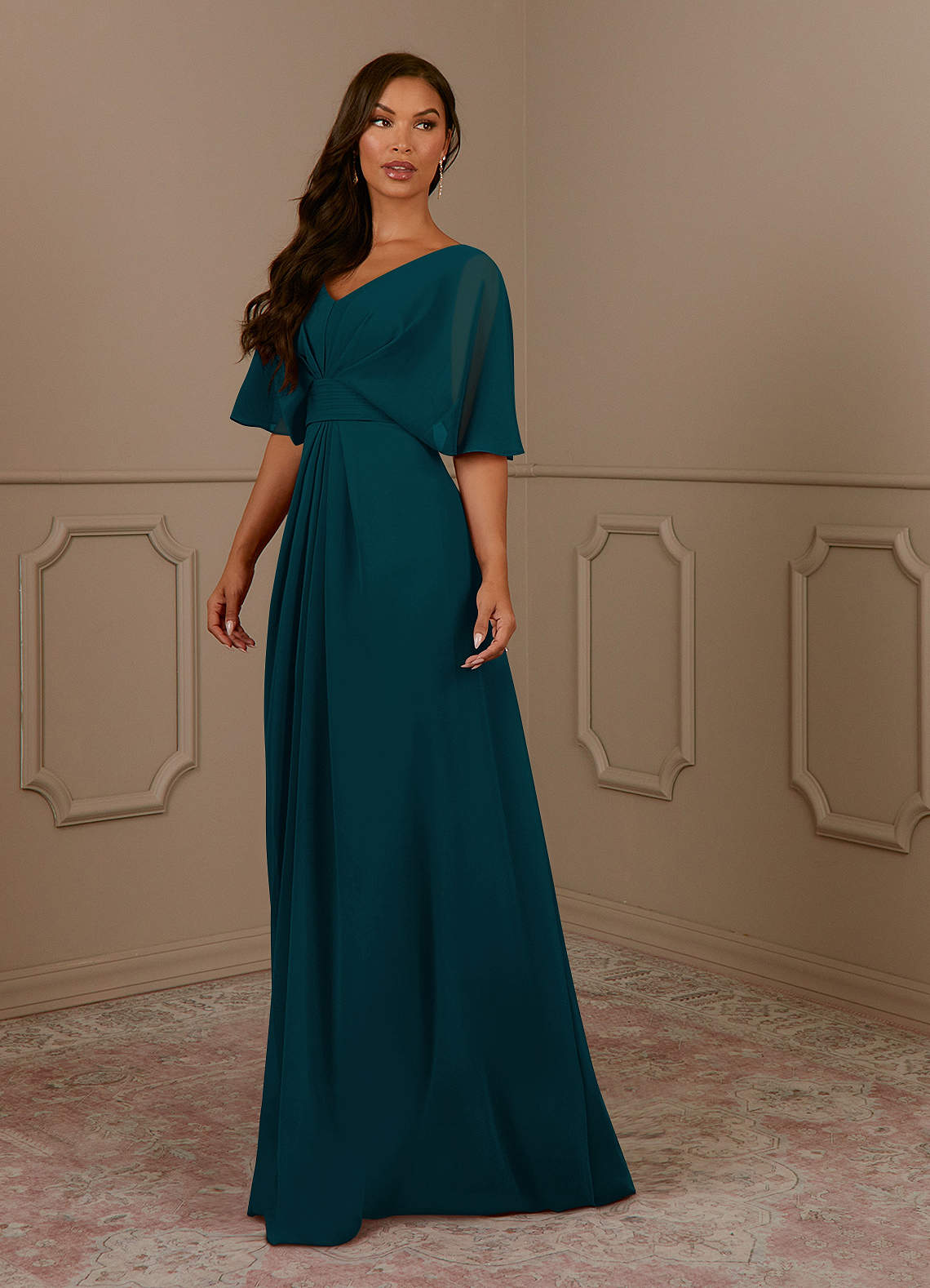 Azazie Oksana Kleider für die Brautmutter A-Linie V-Hals Gefaltet Chiffon Kleid Kiefer image1