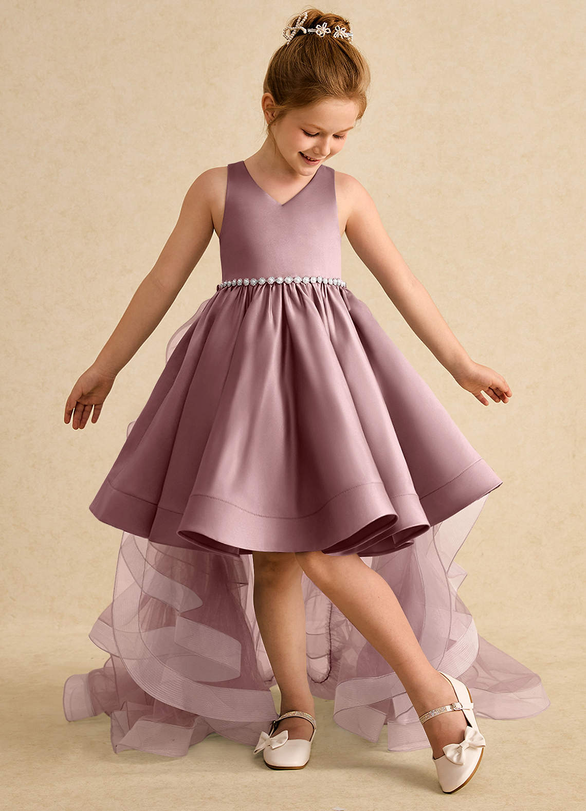 Azazie Julietta Robe Demoiselle D'honneur Fillette Robe Princesse en Tulle Convertible Rose Poussiéreuse image4