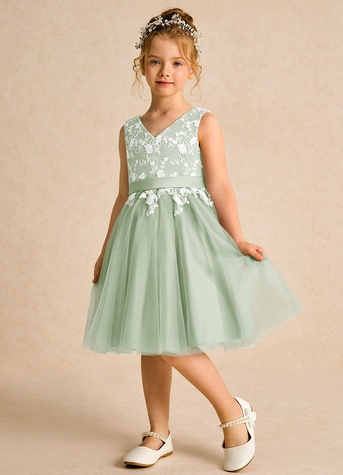Azazie Butterfly Flower Girl Dresses Dusty Sage A-Line Lace Dress image3