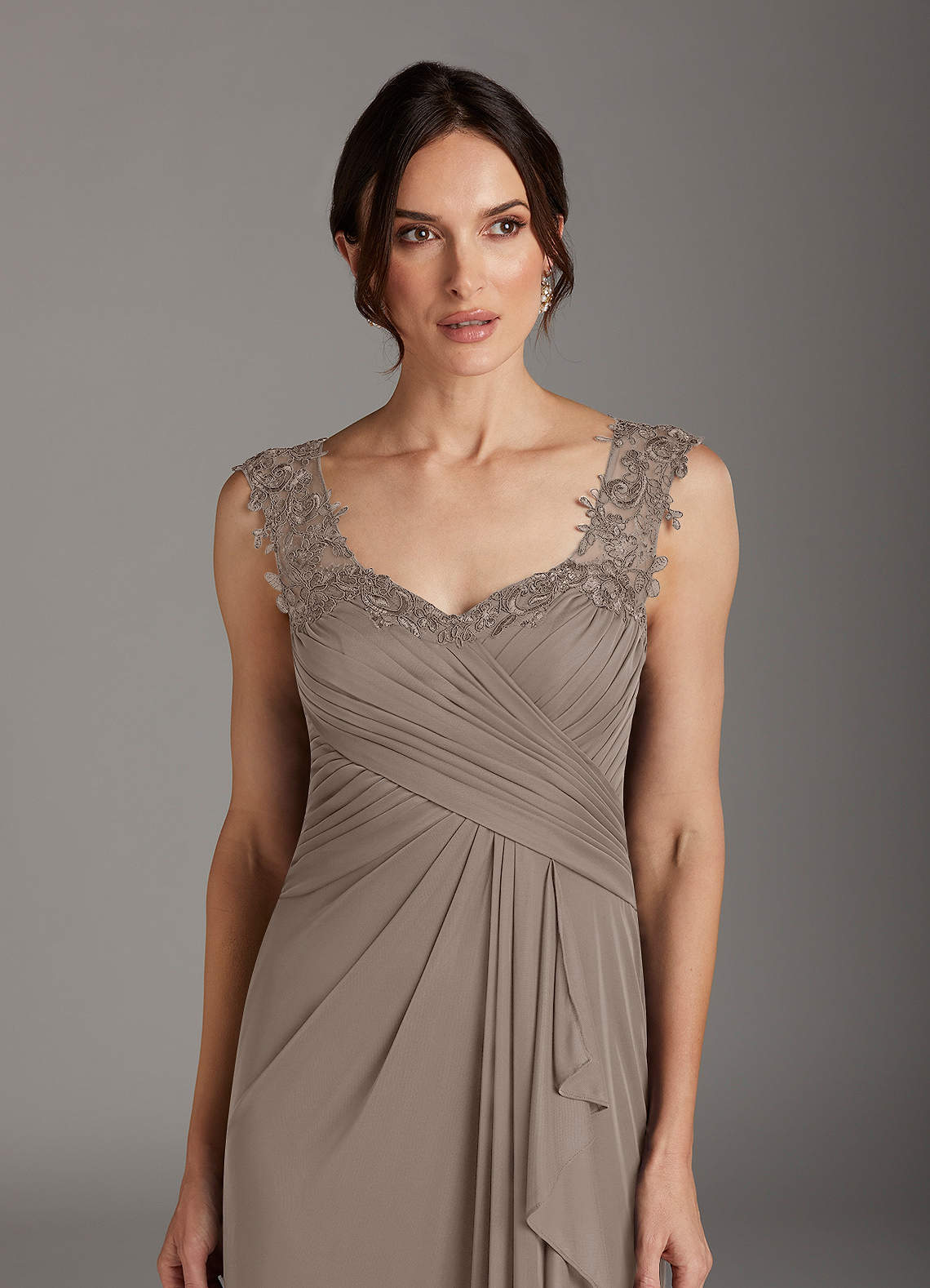 Azazie Edelin Taupe A-Line Sweetheart Neckline Pleated Mesh Dress | Azazie