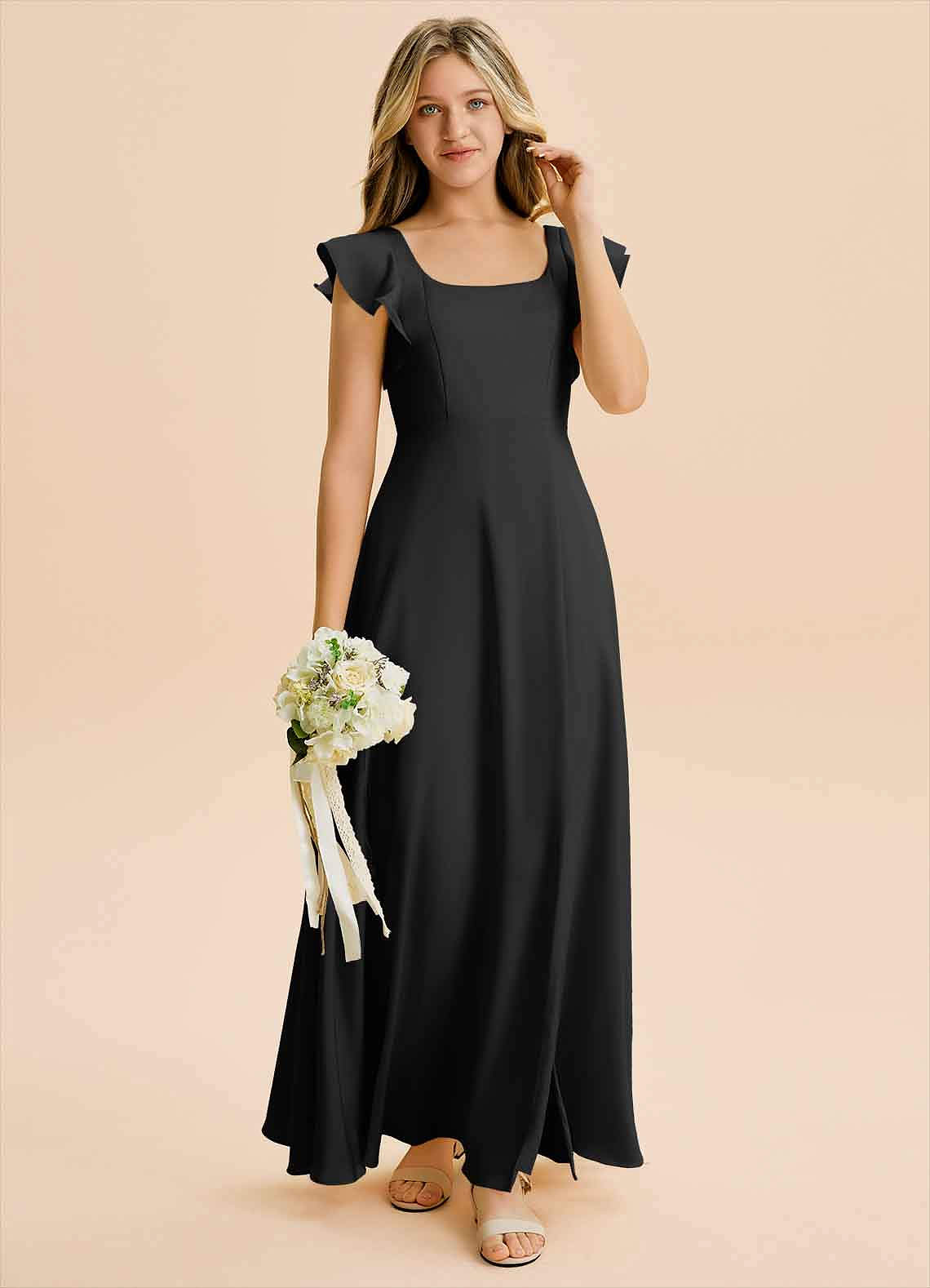 Azazie Bondi Junior A-Linie Seitliche Cut-Outs Stretch-Satin Kleid Schwarz image3