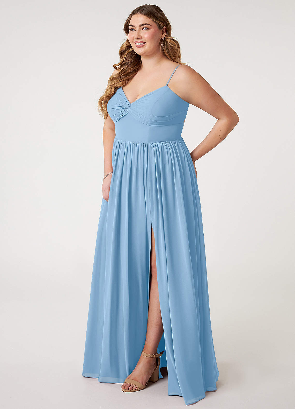 Azazie Zeya Bridesmaid Dresses Powder Blue A-Line V-Neck Pleated Chiffon Dress image7