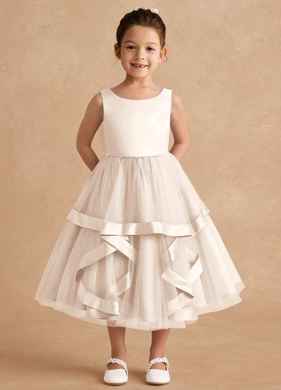 Azazie Posy Flower Girl Dresses White Alabaster A-Line Beaded Tulle Dress image1