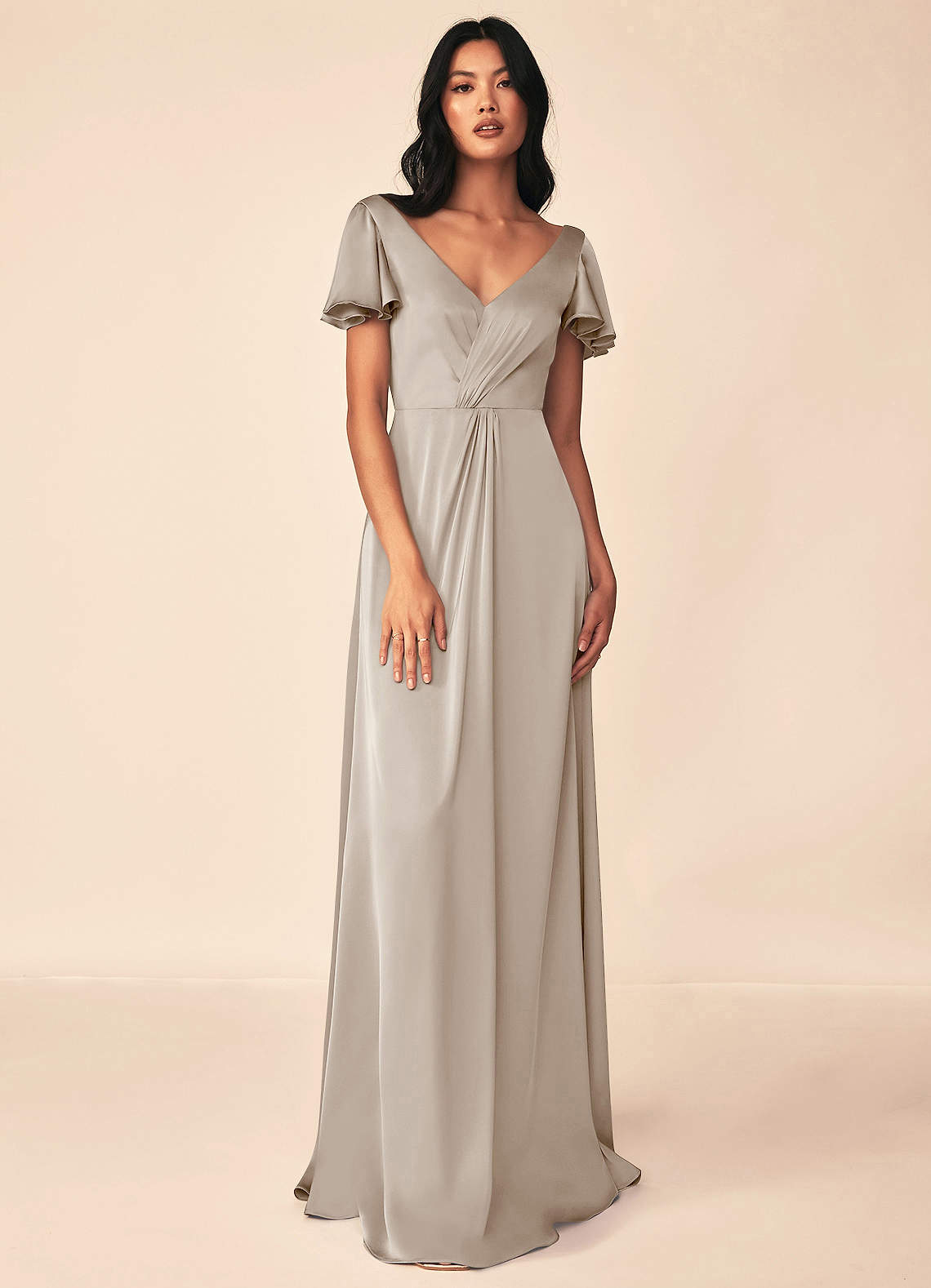 Azazie Soren Bridesmaid Dresses Frost A-Line Pleated Stretch Satin Dress image1