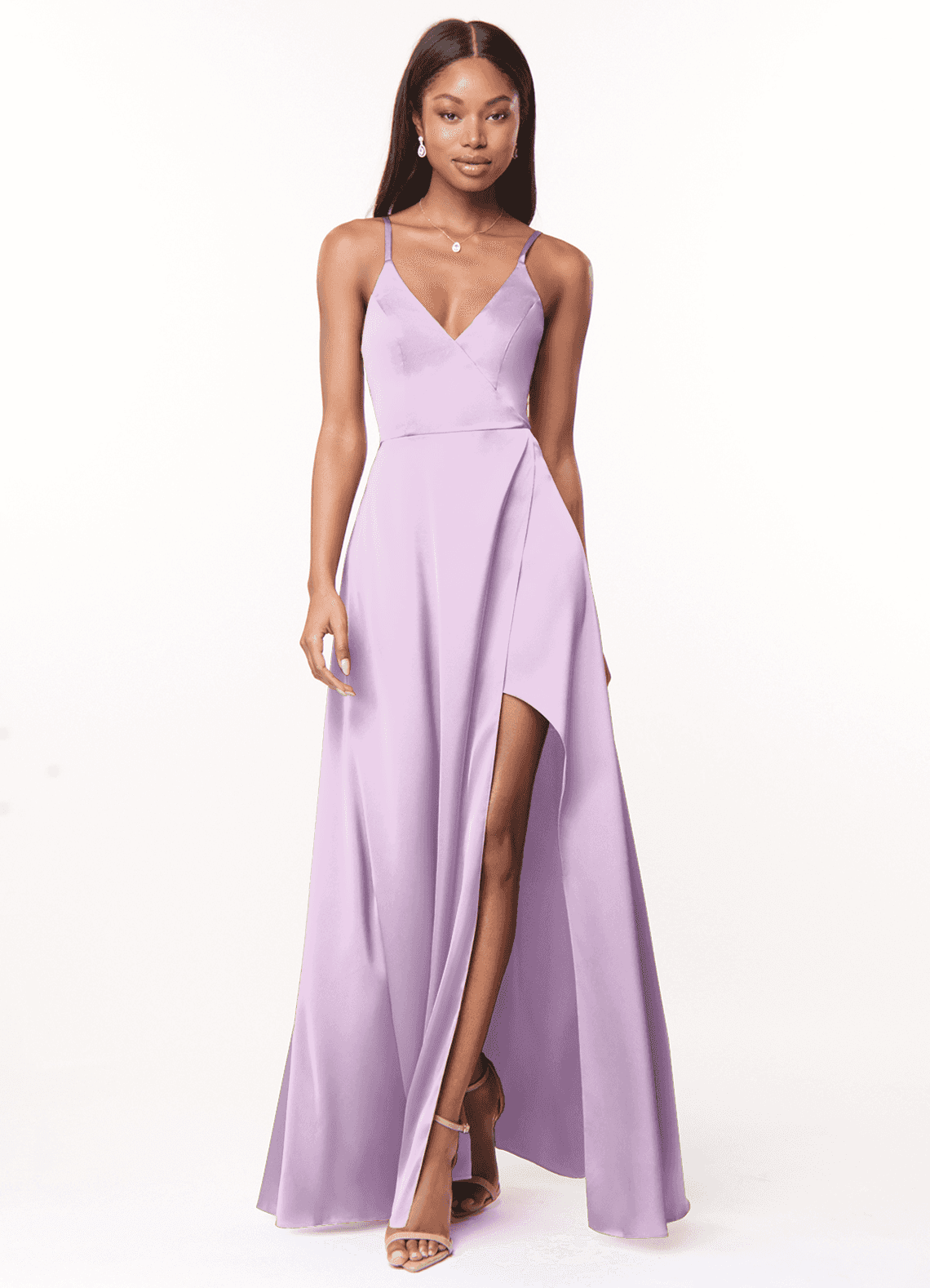 Azazie Maksim Bridesmaid Dresses Frosted Lilac A-Line V-Neck Stretch Satin Dress image1