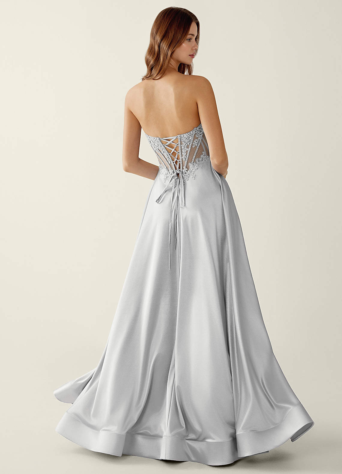 grey satin wrap dress Azazie 2026 Corset Lace Up A-Line Prom Dress Grey Gown
