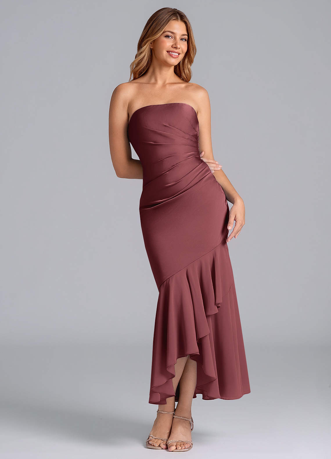 Azazie Danie Bridesmaid Dresses Merlot Sheath Strapless Chiffon Dress image1