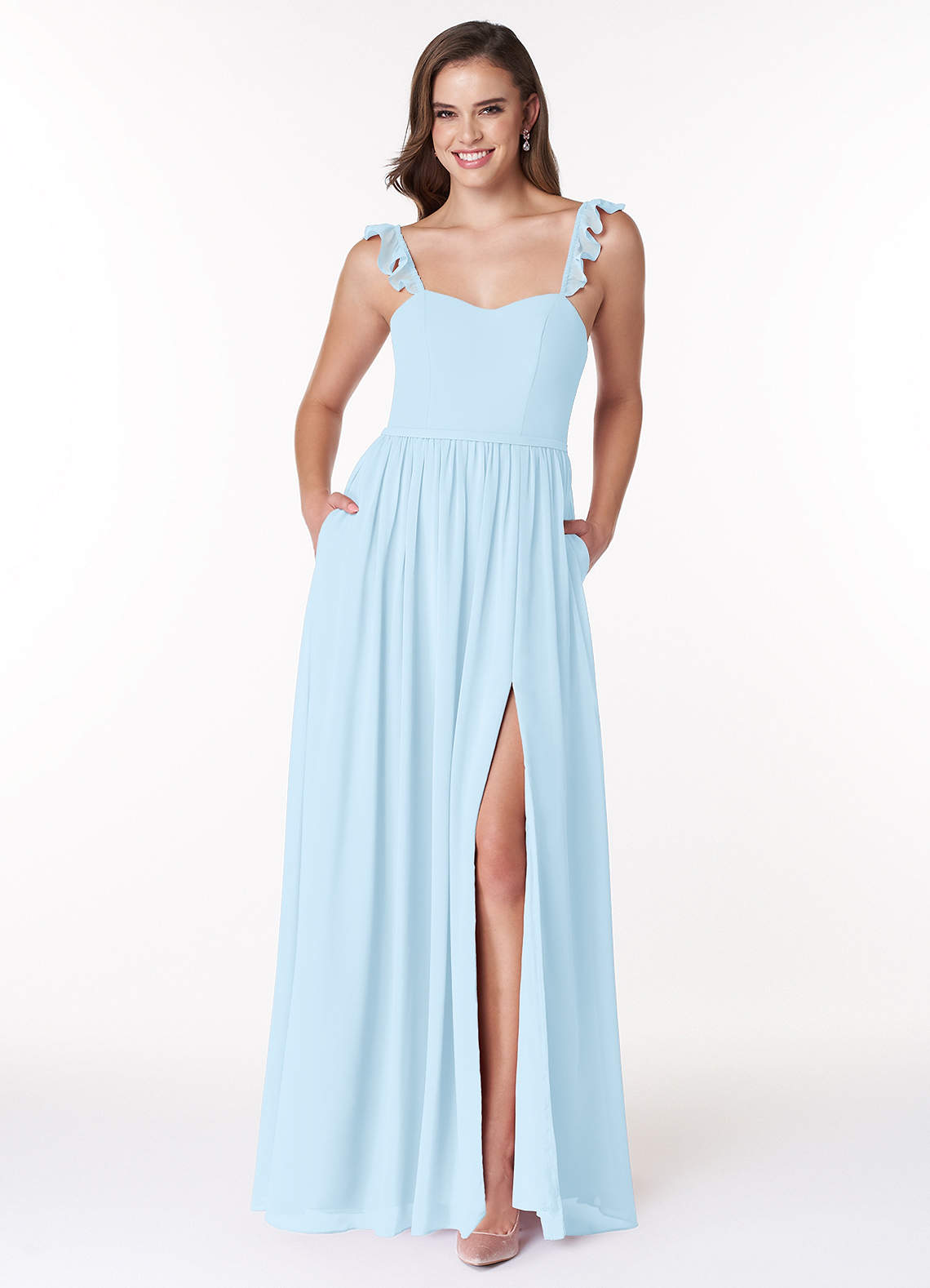 Azazie Metz Bridesmaid Dresses Sky Blue A-Line Sweetheart Ruched Chiffon Dress image1