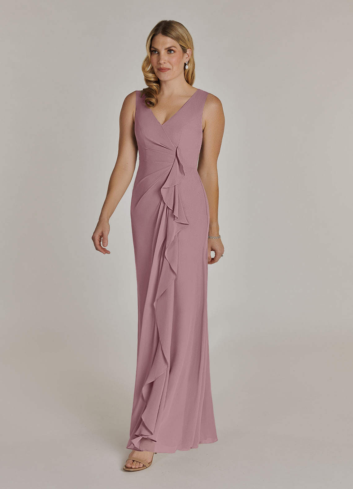 Azazie Manuella Dusty Rose A-Line V-Neck Pleated Chiffon Dress