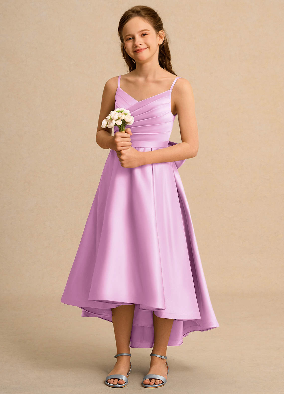 Azazie Sweets Girl Jurken voor bloemenmeisjes A-Lijn Jurk van Mat Satijn Geplooid Snoep Roze image1