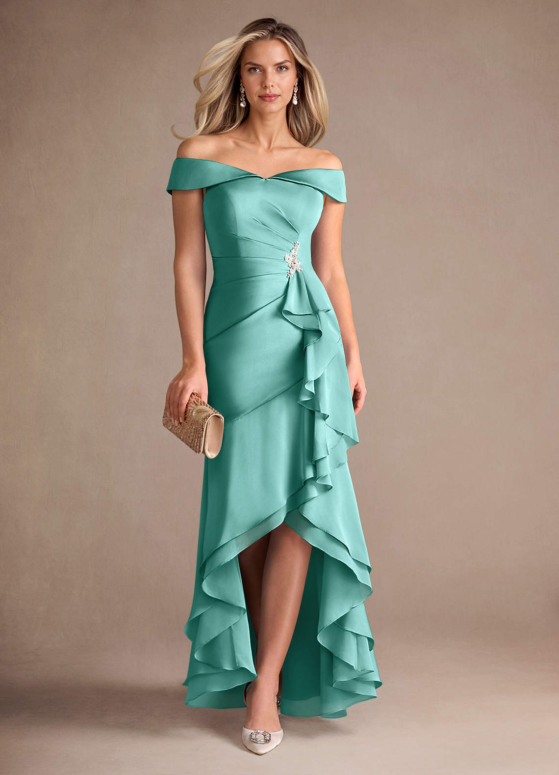 Azazie Billings Mère de la mariée Robes Robe Sirène en Satin extensible Épaule décolletée Aqua image1