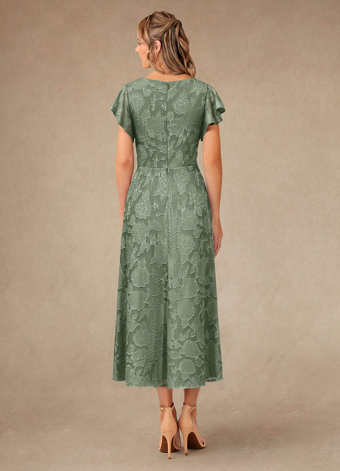 Azazie Vera vestidos de madre de la novia Vestido de Matcha de Devorado Floral de Corte En A con Plisado image3