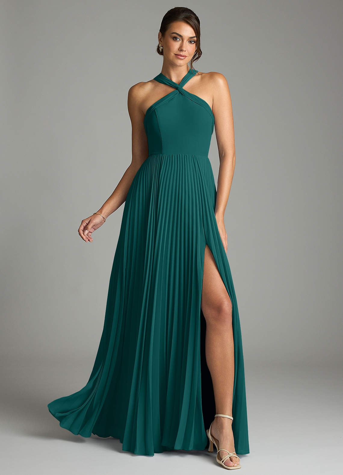 Azazie Afra Abiti da Damigella Abito A-Line in Chiffon Plissettato Verde Pavone image1