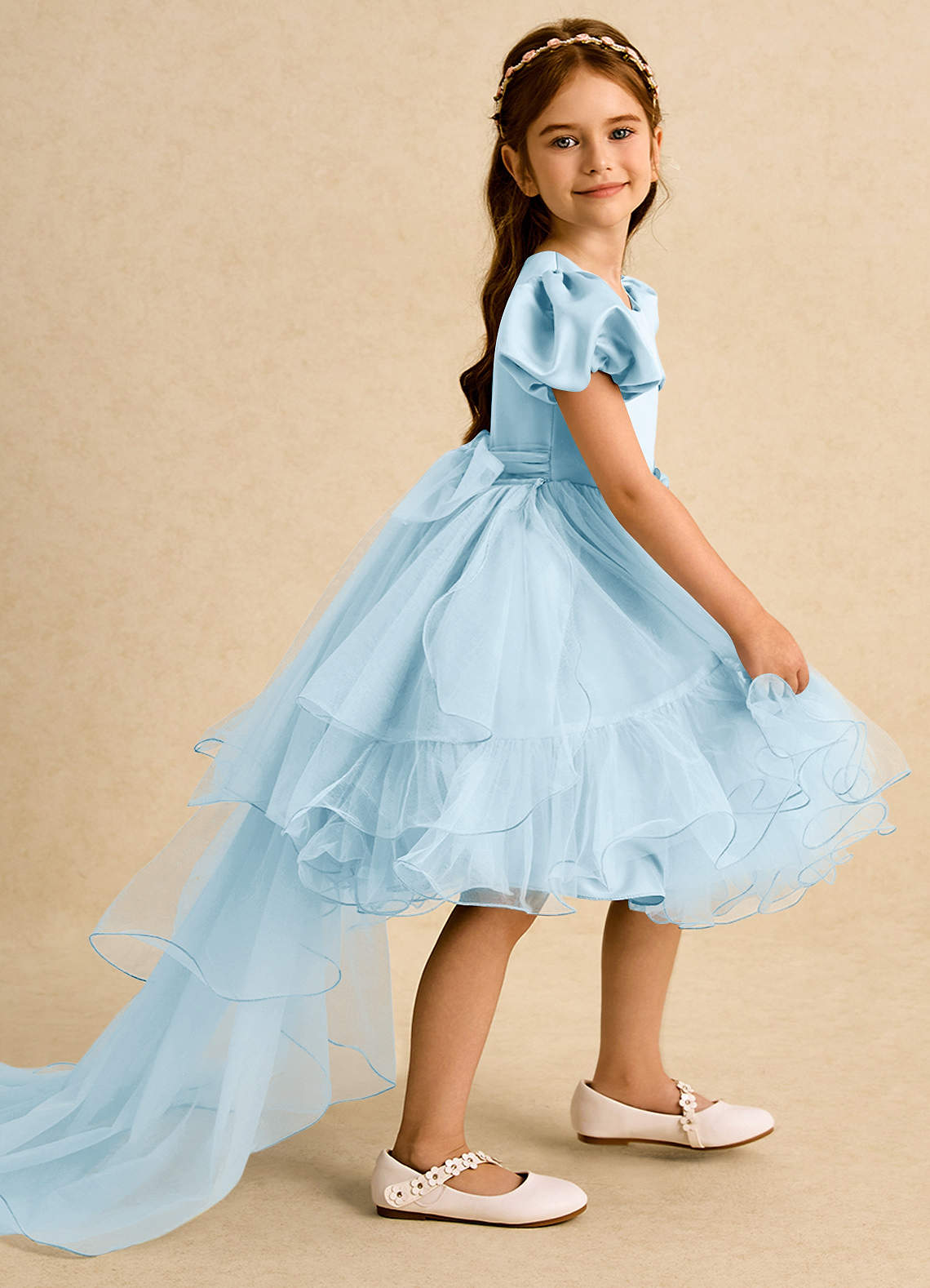 Azazie Cocoa Flower Girl Dresses Sky Blue Ball-Gown Pleated Tulle Dress image1