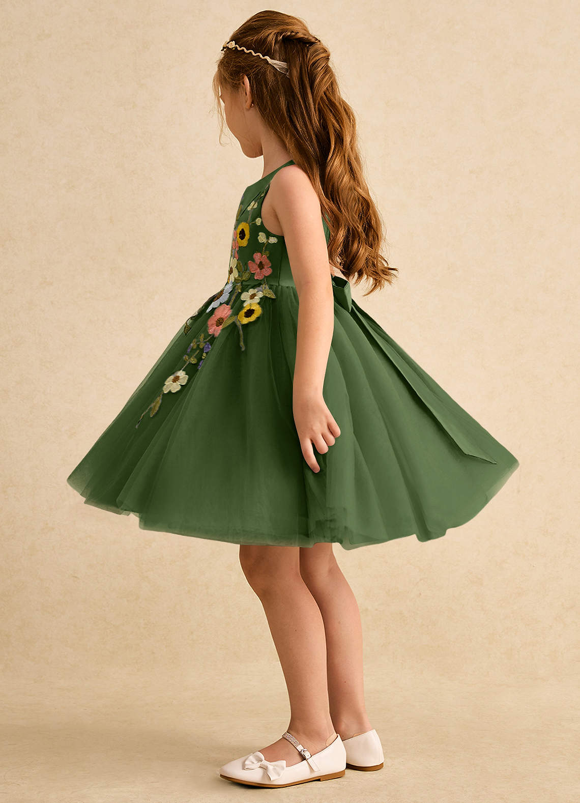 Azazie Prima Flower Girl Dresses Olive A-Line Bow Tulle Dress image3