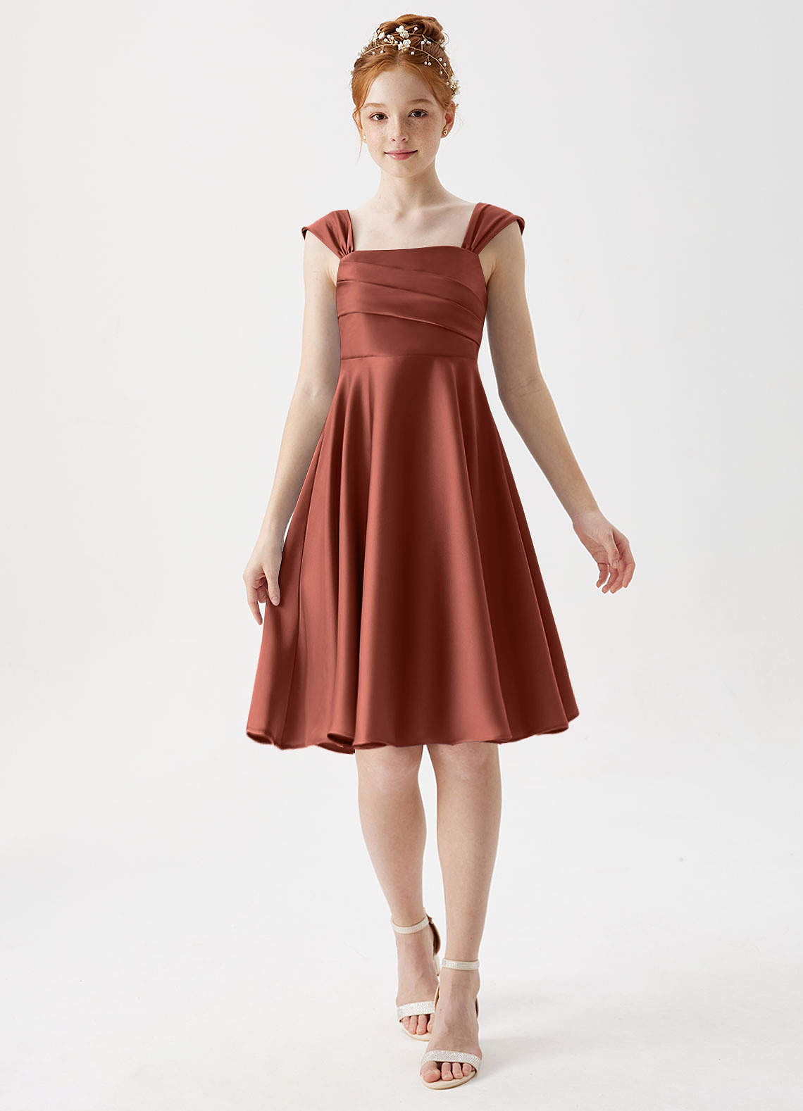 Azazie Amira Junior Auburn A-Line Pleated Stretch Satin Dress image1