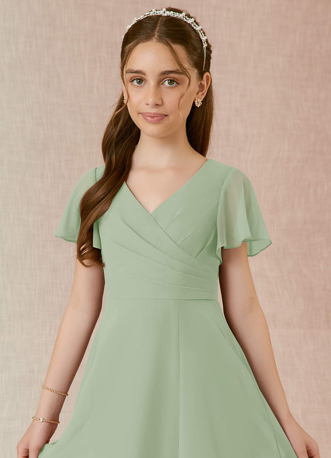 Azazie A-Line/Princess V-Neck Floor-Length Chiffon Junior Bridesmaid Dresses - Dusty Sage