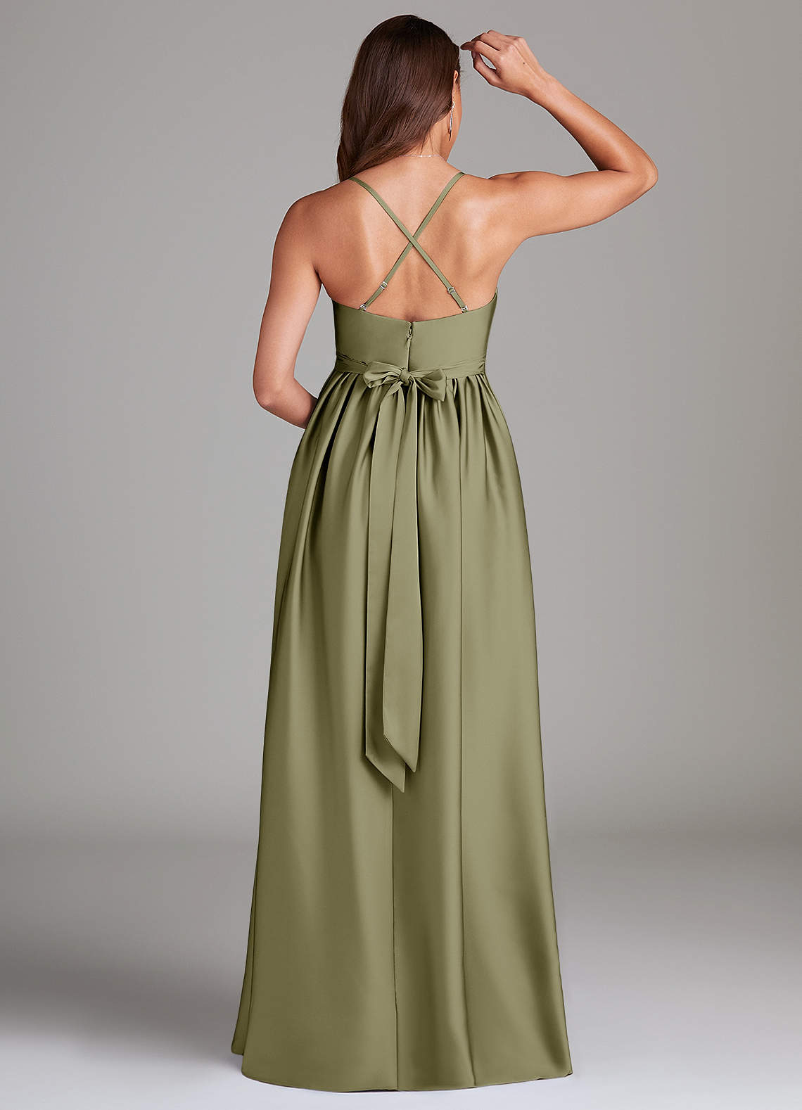 Azazie Llana At-home Try On Dresses A-Line Stretch Satin Floor-Length Dress with Pockets image1
