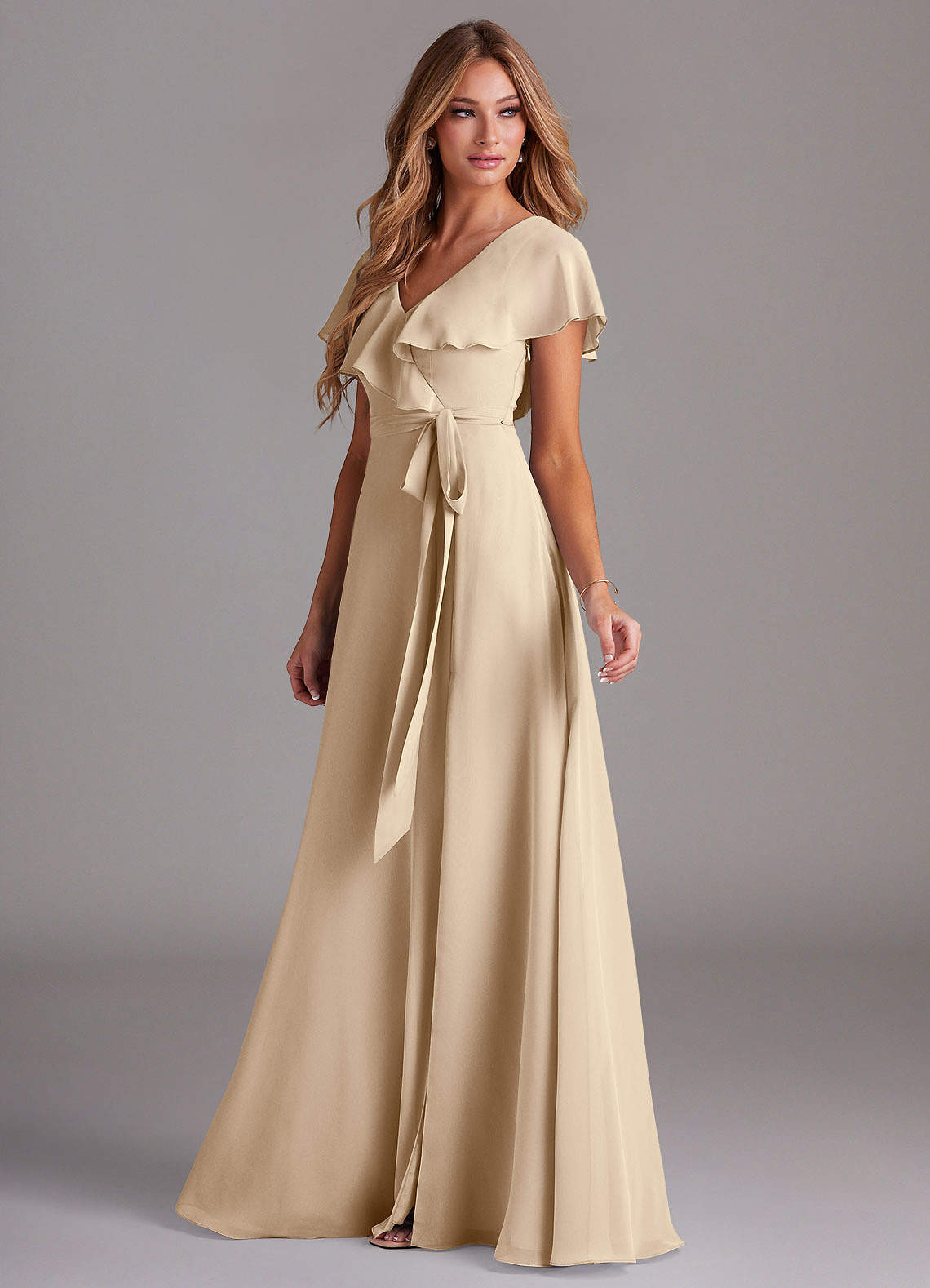 tan bridesmaid dresses with sleeves A-Line/Princess V-Neck Long Sleeves Chiffon Long Bridesmaid Dresses With Ruffles Split Side Peach Pink