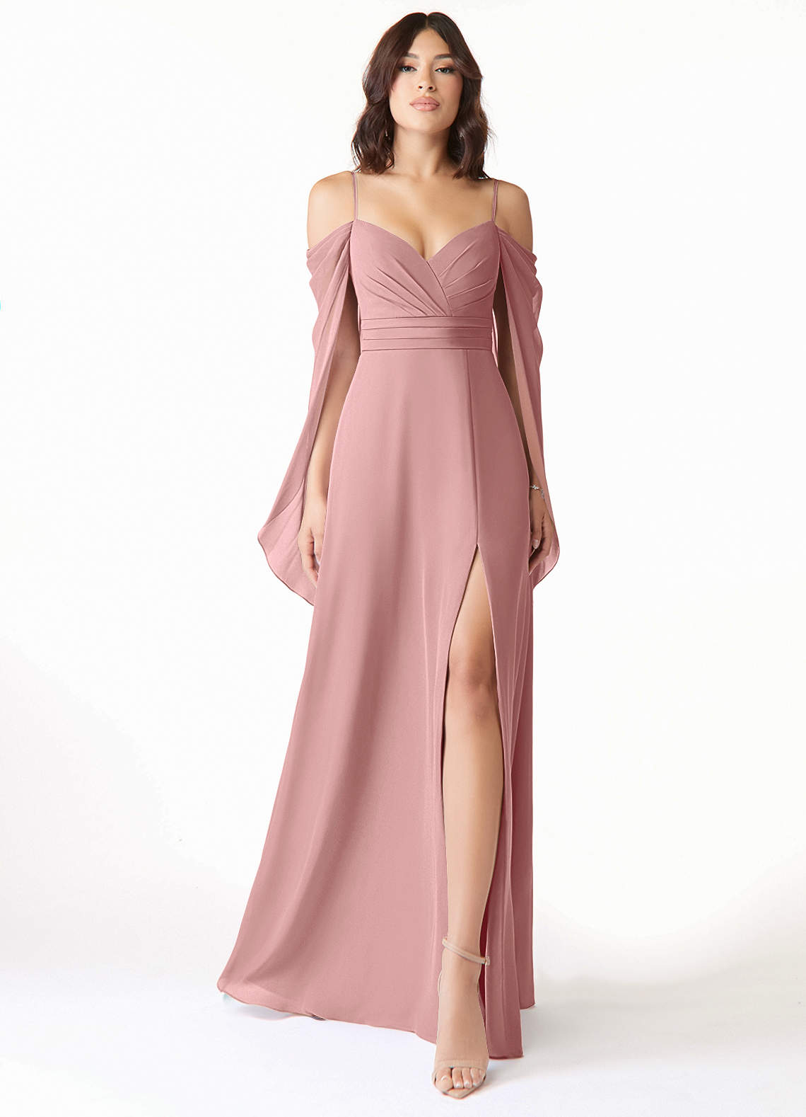 Azazie Cienna Bridesmaid Dresses Dusty Rose A-Line Off the Shoulder Chiffon Dress image1