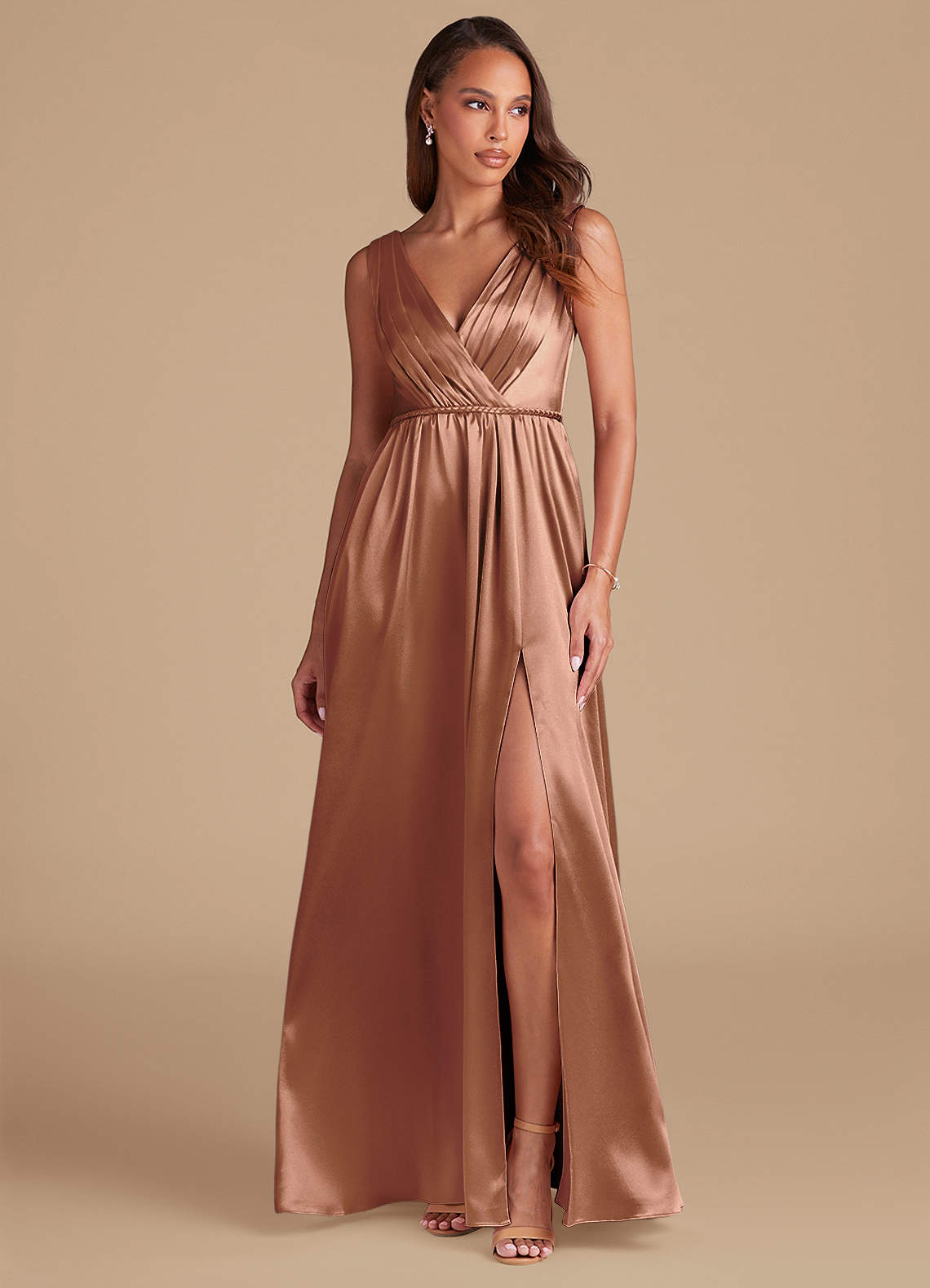 Azazie Tanicia Bridesmaid Dresses Bronzer A-Line Pleated Metallic Satin Dress image1