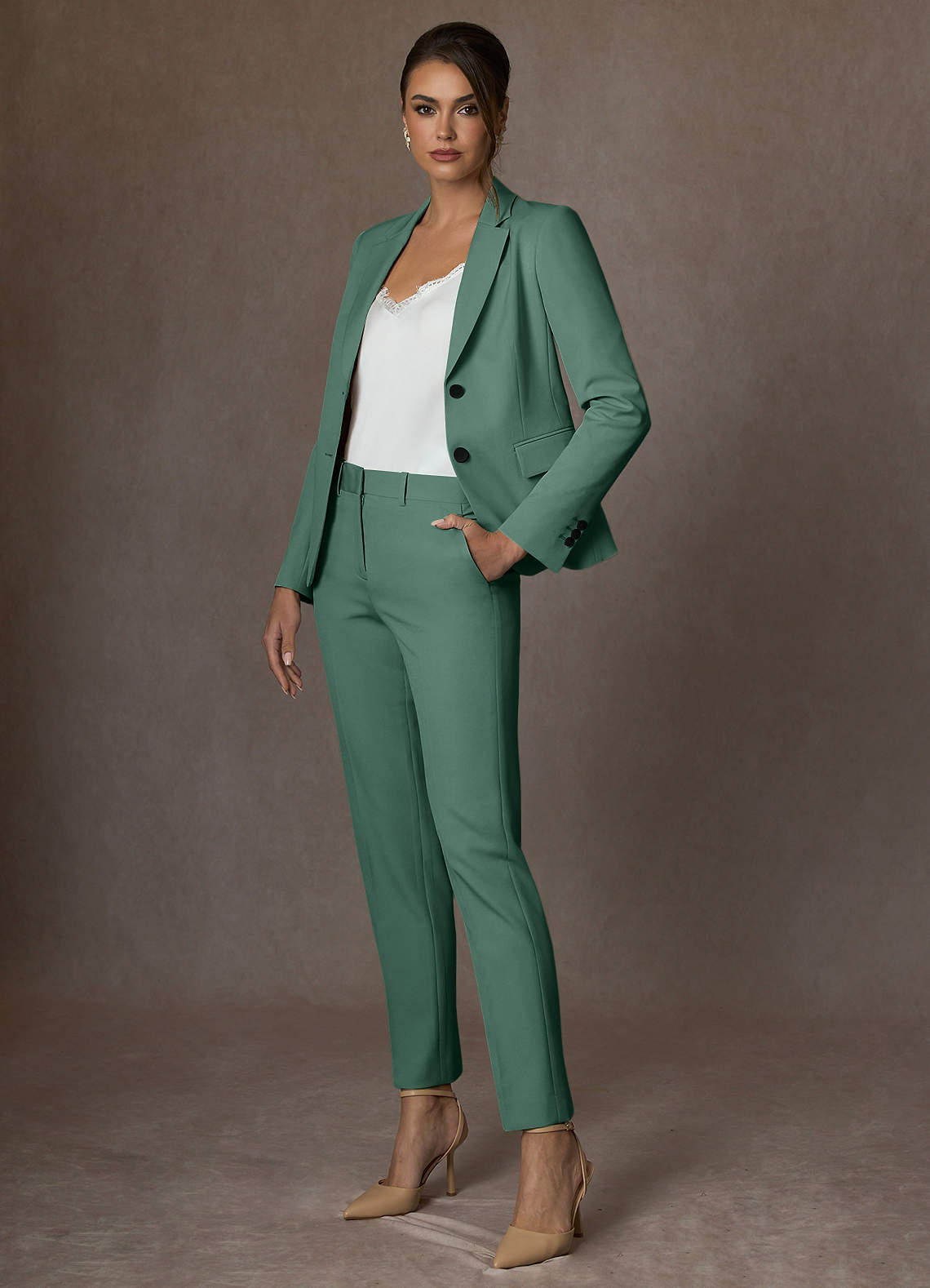 front Whitney Eucalyptus Structured Stretch Full Length Dress Pants