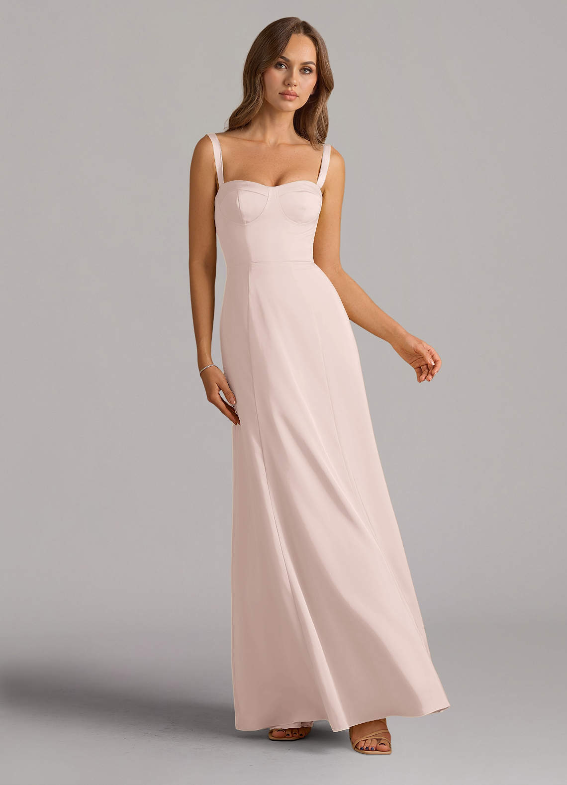 Azazie Amaris Robes de demoiselle d'honneur Robe Trapèze en Satin extensible Corset Rose Pâle image1