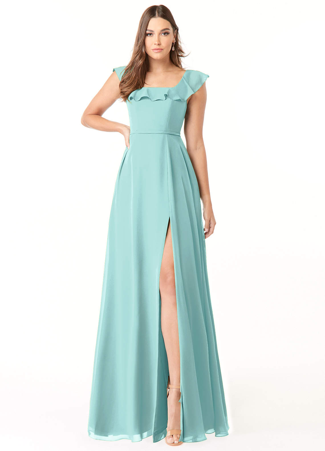 Azazie Jinny Bridesmaid Dresses Aqua A-Line Square Neckline Ruched Chiffon Dress image1