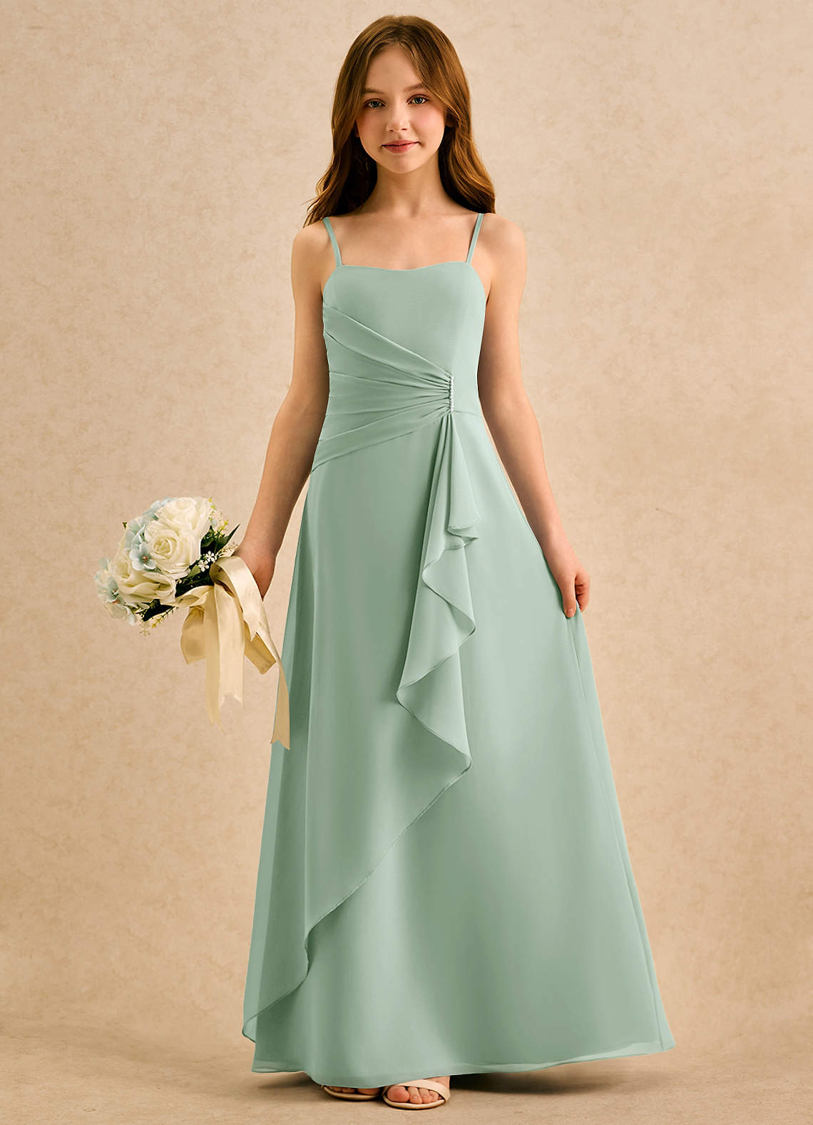 Azazie lolly Girls Formal Jurken voor bloemenmeisjes A-Lijn Jurk van Chiffon Geplooide Agave image2